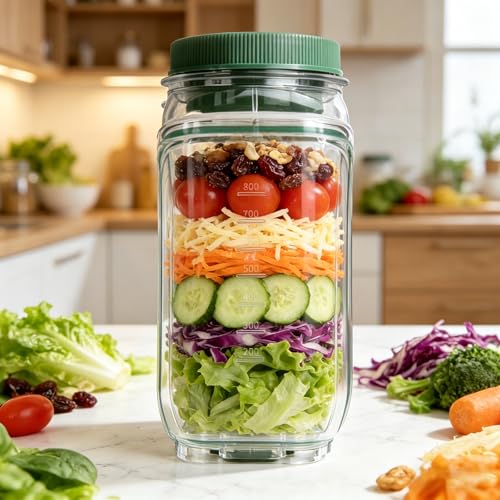 Leak-Proof 35oz Salad Jar, Leak-Proof Dressing Cup With Lid, Reusable BPA-Free Side-Opening Food Storage Container, For Office, Travel and Picnic,1 Ps (Green)
