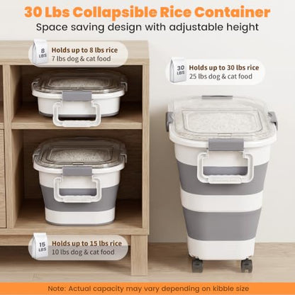 30 Lbs Rice Container, Collapsible Dog Food Storage Container | Airtight Cat Food Container with Wheels, Transparent Lid, Measuring Cup, Scoop and Handle, BPA Free for Pet Food, Bird Seed - size: 30 lbs
