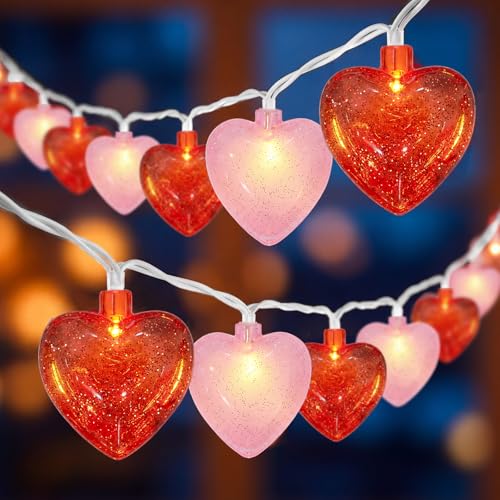 8.5 Ft Heart String Lights, Valentines Day Decorations Lights with 10 LED Glitter Red Pink Heart Lights, Plug in Fairy String Lights for Wedding Anniversary Party Valentine's Day - color: Red Pink Heart Lights, size: 8.5FT
