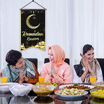 Tevxj Ramadan Mubarak Hanging Door Sign Ramadan Kareem Party Decorations Decorative Black Gold Moon Lantern Hanging Sign Banner for Ramadan Eid Mubarak Home Decor Ramadan Eid Party Supplies Favor - style: Ramadan Kareem