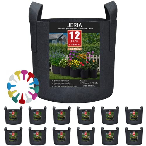JERIA 12-Pack 15 Gallon Grow Bags, 300G Thickened Nonwoven Garden Pots,Heavy Duty Fabric Pots with Reinforced Handles - size: 15 Gallons