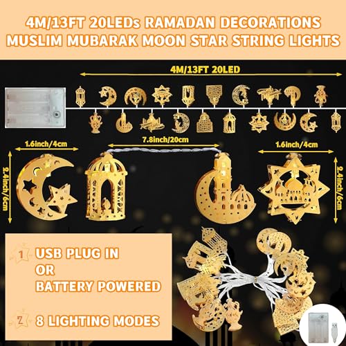 Ramadan Decorations for Home Ramadan Lights 13FT 20LED USB or Battery Operated 8 Modes Timer Iron Star Moon Fairy Twinkle Lights Eid Mubarak Decor Warm White (Metal R20)