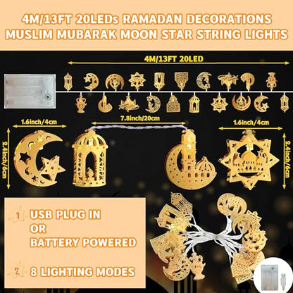 Ramadan Decorations for Home Ramadan Lights 13FT 20LED USB or Battery Operated 8 Modes Timer Iron Star Moon Fairy Twinkle Lights Eid Mubarak Decor Warm White (Metal R20)