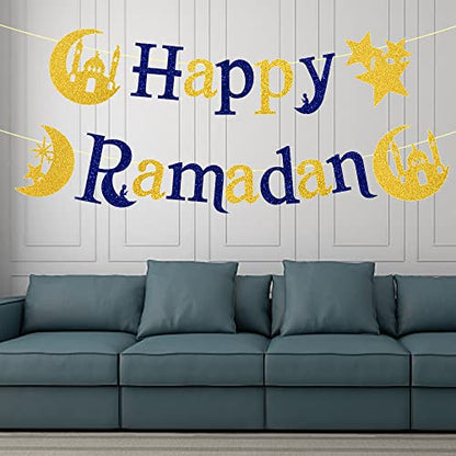 Ramadan Kareem Banner Glitter Happy Ramadan Words Stars Moon Banner, Eid Mubarak Decor Banner for Ramadan Kareem Party Decoration Anniversary Home Bedroom Front Door Room Hanging Decoration Supplies