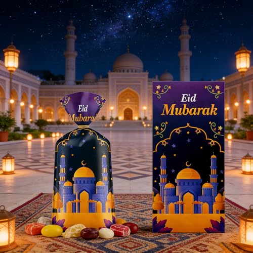 100 Pcs Eid Mubarak Cellophane Bags 4 Styles Ramadan Cello Bag Moon Star Castle Candy Bags with Twist Ties Multi-Color Treat Gift Bag for Goodies Ramadan Festival Party Favor
