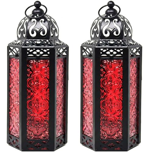 Vela Lanterns Decorative Indoor Moroccan Candle Holder, Red, M, 2-Pack - color: Red