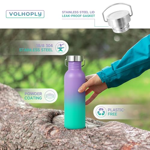 Volhoply 26oz Uninsulated Single Walled Water Bottle, Stainless Steel Reusable Water Bottles with Handle & Carabiner, BPA Free Wide Mouth Water Bottles for Gym Sports Camping（Purple Green,1） - color: Purple Green