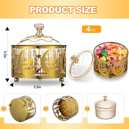 4 Pcs Ramadan Serving Trays with Lid Metal Gold Eid Mubarak Tray Decorations Ramadan Plate Food Storage Container for Serving Cookie Candy Pastry Dessert Eid Party(Retro) - style: Retro