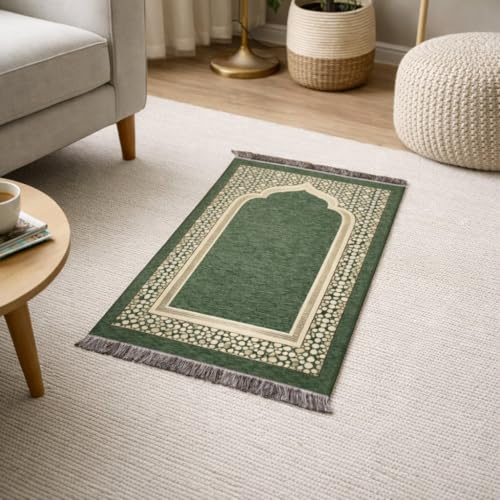 Modefa Turkish Islamic Prayer Mat - Thin Woven Chenille Sajjadah - Intricate Praying Rug Ramadan Eid Gift - Traditional Muslim Janamaz Sajada for Men Women - Geometric Selcuk Star (Light Green) - color: Light Green