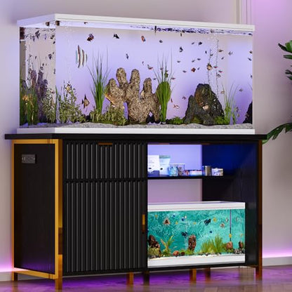 55-75 Gallon Fish Tank Stand with Power Outlets, LED Light, Vertical Lines, Heavy Duty Aquarium Stand with Cabinet for Fish Tank Accessories Storage, Turtle Tank, Reptile Terrarium (Black and Gold) - color: Black and Gold