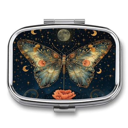 Metal 2 Compartment Pill Organizer Travel Friendly Portable Compact Pill Box Cute Pill Case to Hold Vitamins,Fish Oil,Supplements,Meds,Tablet for Purse,Pocket. (Butterflies in the Night) - color: Butterflies in the Night