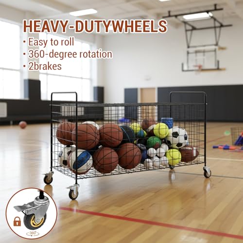 MyGift X-Large Capacity Black Metal Sports Ball Storage Rolling Cart | Gym Balls and Equipment Cart with 2 Compartments, Lock Latch & Heavy-Duty Locking Caster Wheels