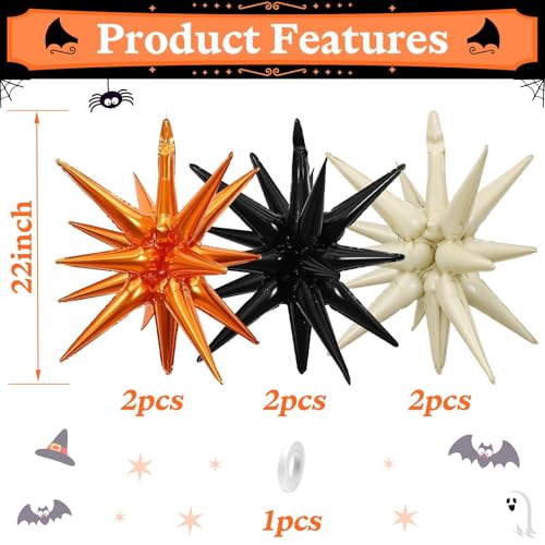 Black Orange Cream White Star Balloons, 6PCS 22 Inch Foil Explosion Balloon - color: Black Orange Cream