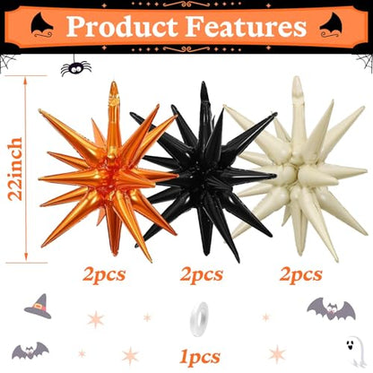 Black Orange Cream White Star Balloons, 6PCS 22 Inch Foil Explosion Balloon - color: Black Orange Cream