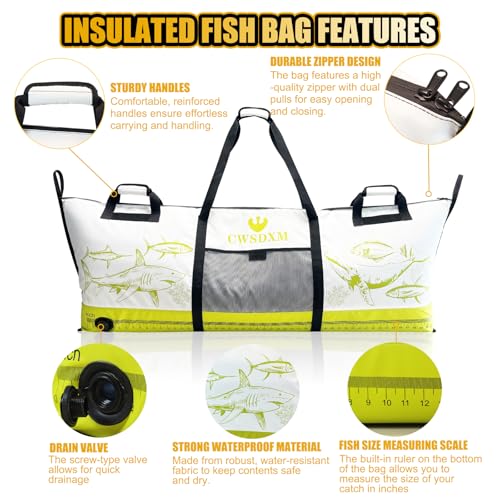 Insulated Fish Cooler Bag, 60'' Waterproof Leakproof Fishing Kill Bag with Drain Valve, Zipper and Heavy Duty PVC Marine Cooler for Boat Kayak Offshore Fishing, Keeps Fish Fresh Up to 48H - color: Orange+White