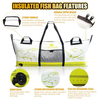 Insulated Fish Cooler Bag, 60'' Waterproof Leakproof Fishing Kill Bag with Drain Valve, Zipper and Heavy Duty PVC Marine Cooler for Boat Kayak Offshore Fishing, Keeps Fish Fresh Up to 48H - color: Orange+White