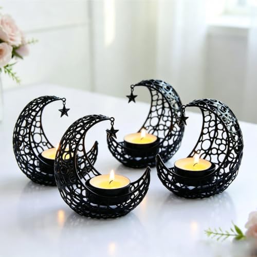 Moon Star Tea Light Candle Holder(4Pcs) - size: 4Pcs Black