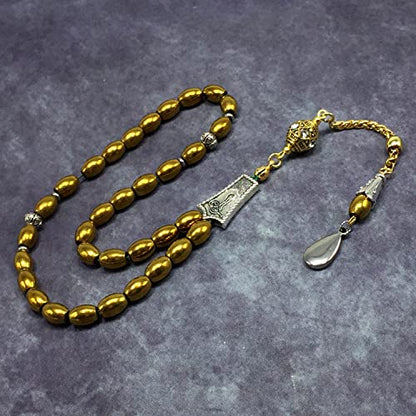 -Gentle Men Collection- Prayer Beads-Worry Beads-Tesbih-Tasbih-Tasbeeh-Misbaha-Masbaha-Subha-Sebha-Rosary (Non-Magnetic Gold Drum Hematite -6x9 mm- 33 Beads) - color: Non-Magnetic Gold Drum Hematite -6x9 mm- 33 Beads