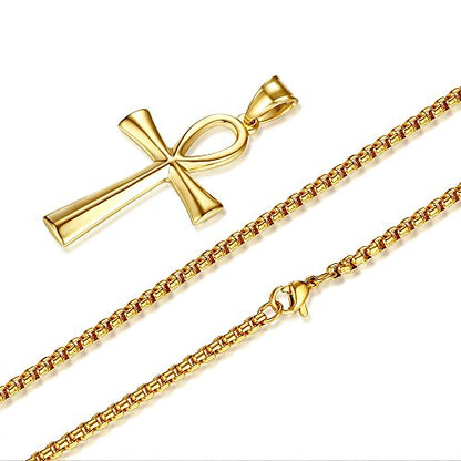 REVEMCN Reve Stainless Steel Coptic Ankh Cross Religious Pendant Necklace for Men Women, 20-24 Inches Chain - style: Gold Tone: 24'' Rolo Chain