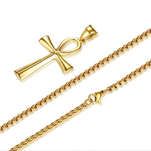 REVEMCN Reve Stainless Steel Coptic Ankh Cross Religious Pendant Necklace for Men Women, 20-24 Inches Chain - style: Gold Tone: 20'' Rolo Chain