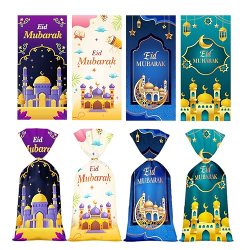 100 PCS Eid Mubarak Cellophane Bags Ramadan Cello Bags Castle Moon Goody Bag with Twist Ties Muslim Green Blue Treat Gift Bag for Candy Muslim Festival Eid Party Favor - color: Style 2: 100pcs Eid Bags