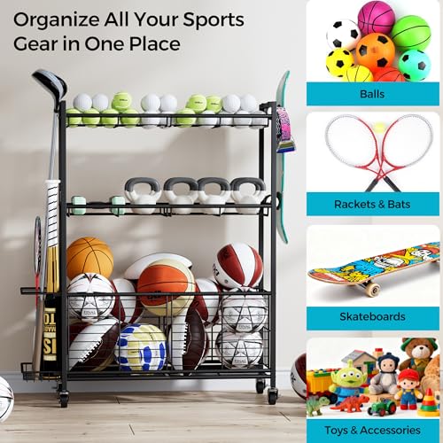 Sports Equipment Storage Rack with Wheels, 3-Tier Ball Organizer | Large Capacity Sports Gear & Toy Organizer with Racket Slots, Hooks, for Garage, Home Gym & Backyard, 31" W