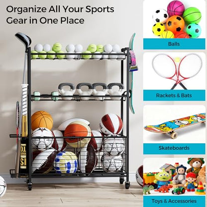 Sports Equipment Storage Rack with Wheels, 3-Tier Ball Organizer | Large Capacity Sports Gear & Toy Organizer with Racket Slots, Hooks, for Garage, Home Gym & Backyard, 31" W