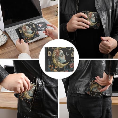 Moon And Floral Face Bifold Wallet 4.6x3.7 Inch,Slim Compact Folding Wallet with Card Slots And Cash Pocket Lightweight Wallet for Everyday Carry Travel Business - color: Moon and Floral Face-1