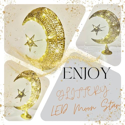 Eid Moon Star Table Lamp & Balloons Set - Metal Glitter-Clad LED Light, Battery-Powered 14" Festive Bedside/Desktop Décor + 12 Eid Mubarak Balloons (Gold Eid Gift) - color: Gold