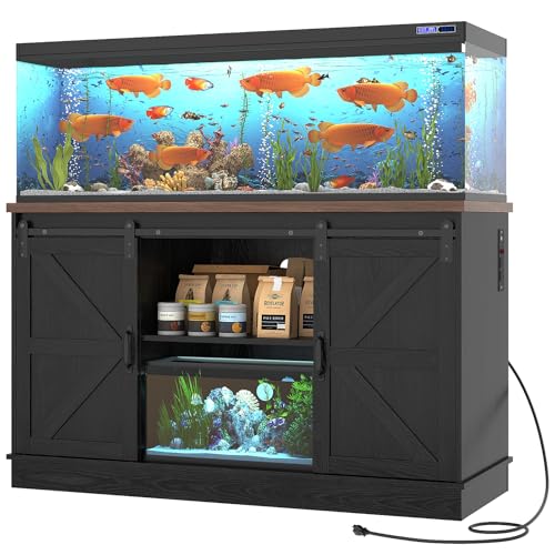 Hlivelood Farmhouse 55-75 Gallon Fish Tank Stand with Power Outlet, Aquarium Stand w/Cabinet&Sliding Barn Door, Heavy Duty Reptile Tank Stand for Fish/Turtle/Reptile Terrarium, 1000LB Capacity, Black - color: Black, size: 55-75 Gallon