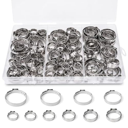 125PCS Sieqioor 10 Sizes Single Ear Hose Clamp Kit, 304 SS 5.3-29.6mm | 304 Stainless Steel Ear Clamp Kit, Stepless Hose Clamps Cinch Rings for Automotive, Home Appliance Line and Plumbing - size: 125pcs