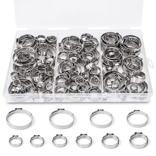 125PCS Sieqioor 10 Sizes Single Ear Hose Clamp Kit, 304 SS 5.3-29.6mm | 304 Stainless Steel Ear Clamp Kit, Stepless Hose Clamps Cinch Rings for Automotive, Home Appliance Line and Plumbing - size: 125pcs