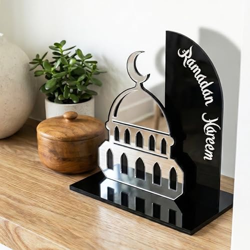 iwa concept Ramadan Kareem Table Decor, Islamic Mosque Statue with Acrylic Design, Freestanding Modern Islamic Home Decoration for Ramadan and Eid - color: Silver-black