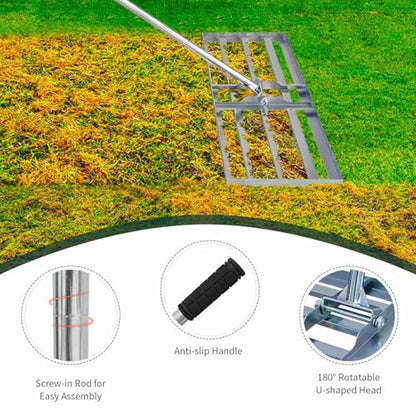 Lawn Leveling Rake 30x10 inch, (Professional-Grade) Lawn Leveler Tool, Handle Rakes for Lawns Heavy Duty Landscape Rake for Backyard, Garden, Golf Course, Farm, Pasture