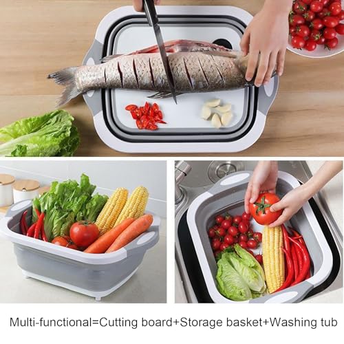 Camping Collapsible Cutting Board Dish Basin BBQ Prep Tub Camp Sink Dish Washing Station Multifunctional Storage Basket(Grey white) - color: Grey white