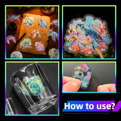 Yoksas Cute Holographic Sea Turtle Stickers - 50Pcs Waterproof Clear Kawaii Shiny Ocean Life Stickers for Scrapbook,Water Bottles,Laptops,Birthday Party Supplies - color: Sea Turtle