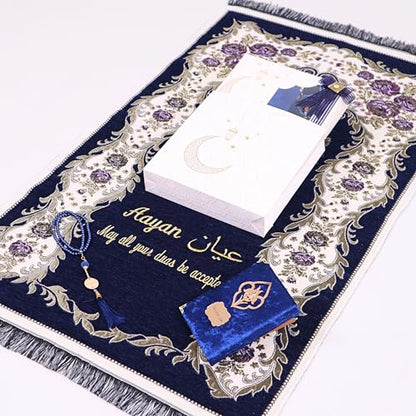 IEF Personalized Prayer Rug Prayer Beads Quran Islamic Gift Set, Ramadan Eid Hajj Umrah Wedding Birthday Mother's Day Father's Day Valentine's Day Gifts (Navy Blue) - color: Navy Blue