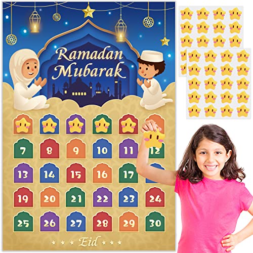 AhfuLife Ramadan Eid Mubarak Countdown Calendar Decoration for Kids, 30 Days Paper Countdown Calendar to Eid, 2026 Ramadan Mubarak Poster with 40 Star Stickers Decor for Home
