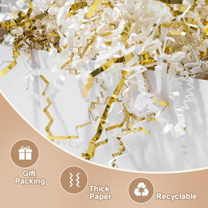 Wowxyz 1 LB Crinkle Cut Paper Shred White & Gold Crinkle Shredded Paper for Gift Baskets - Gift Box Bag Filler - Confetti Stuffing for Birthday, Holiday Present Packaging Wrapping - color: White and Gold
