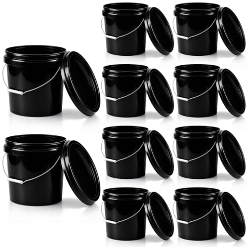 Mumufy 10 Pcs 3.5 Gallon Round Food Grade Bucket with Lid Plastic Buckets Pail with Handle Lid Heavy Duty Buckets for Storing Dry Food Charcoal Camping Fishing(Black) - color: Black, style: Round