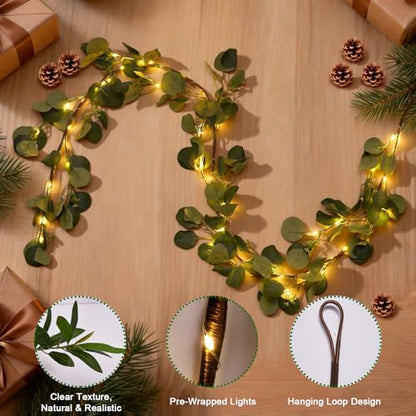Artificial Eucalyptus Garland with Lights, 6FT Fairy Light Eucalyptus Vine with Timer, 8 Modes, Waterproof Battery Operated, Faux Greenery Vine for Spring Easter Wedding Decoration (Eucalyptus)