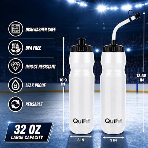 QuiFit Lacrosse Water Bottle with Long Straw - 32oz Hockey Water Bottle 2 Pack with 2 Lids Each- BPA Free Squeeze Sports Water Bottles, Leakproof Dishwasher Safe- for Helmet,Lacrosse (Clear) - color: Clear
