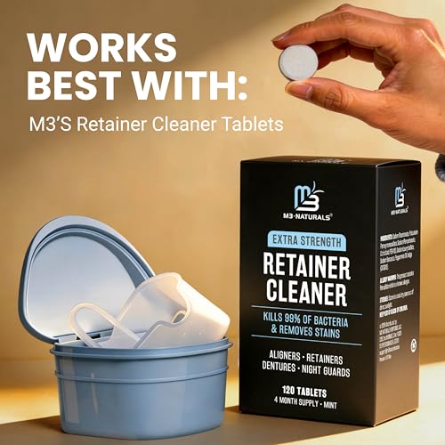 Denture Bath Case and Retainer Case, Denture Bath Cup for Invisalign Retainers Mouthguards Dentures Cleaner Kit with Strainer Spill-Free Portable Retainer Cleaner Case by M3 Naturals (Pack of 2) - size: Bath Case (1 Count) (Pack of 2)