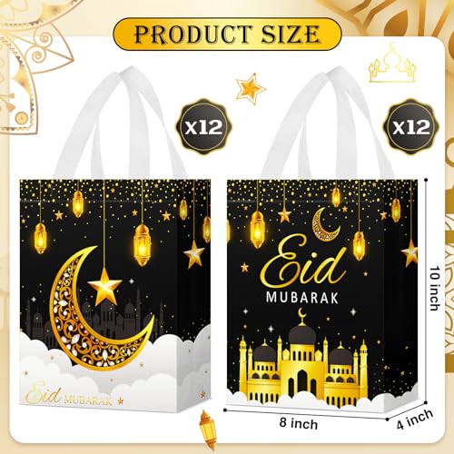 Locmeo Eid Mubarak 재사용 가능한 선물 가방 손잡이 포함 24개 - 부직포 Al Fitr 무슬림 간식 가방 다기능 라마단 무바라크 파티 용품 선물 포장 (블랙) - color: 블랙.