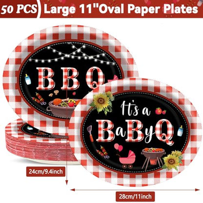 Qyeahkj BBQ 타원형 종이 접시 50개, 대형 27.9cm(11인치) 일회용 바비큐, 여름 파티 장식, It's a Baby Q 용품, BBQ 모임, 피크닉 파티, 식기 세트를 위한 선물 - style: BBQ