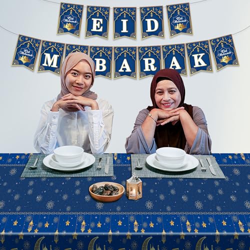 Iceyyyy 4 Pcs Ramadan Party Supplies Decoration Set-108"x54" Disposable Ramadan Mubarak Tablecloth & 32.8Ft Banner-Blue Eid Celebration Decoration for Muslim Ramadan Picnic Home Kitchen Party