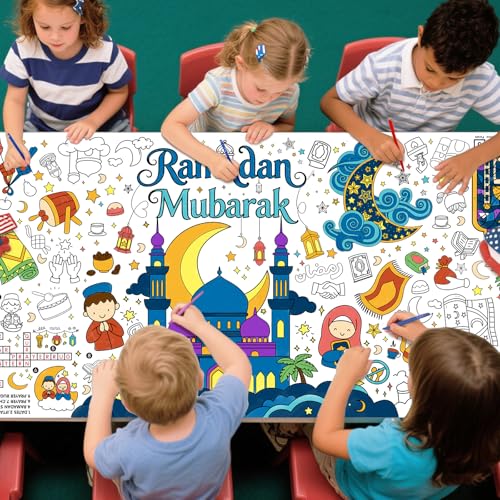Gatherfun 라마단 활동 포스터 및 홈 데코 - 70.9 x 182.9cm(31.5 x 72인치) 이드 무바라크 장식용 컬러링 배너/테이블 커버, 학교 파티 및 라마단 장식용 - style: 라마단