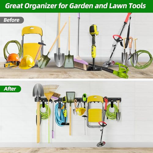 PIYILO Garage Wall Organizer, 96 in Garden Tool Organizer with 12 Adjustable Garage Hooks and 3 Storage Straps, Heavy Duty Tool Holder Wall Mount for Garden & Shed Tools - size: 96 inch 12-Hook