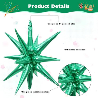 6 Pcs Silver Star Foil Balloons One-Piece 14-Pointed Star Balloon 4D Starburst Cone Mylar Balloon 22inch Christmas Birthday Wedding Wedding Anniversary Party Supplies (Silver + Green) - color: 22 Inches Silver + Green