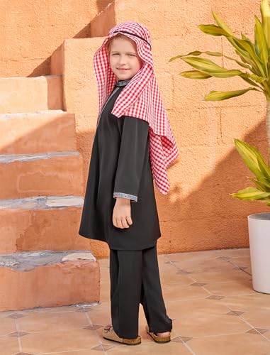 OBEEII Toddler Baby Boy Muslim Thobe Long Sleeve Thobe Robe + Pants + Shemagh Keffiyeh 3PCS Saudi Ramadan Outfit Abaya 12M-5Y - color: Black(3pcs), size: 12-18 Months